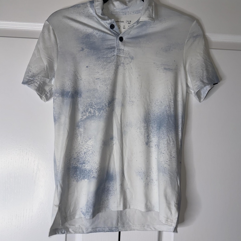 Abercrombie Kids Polo Kids 11-12 White Blue Short Sleeve Stretch Cloud Print